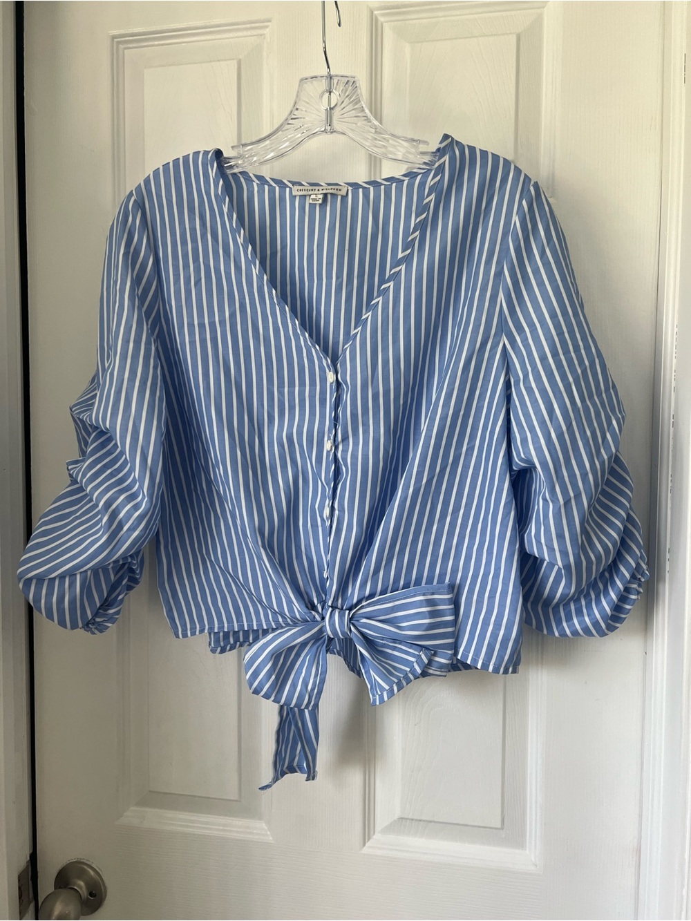 Striped Light Blue Tie-Front Blouse - Women's Top